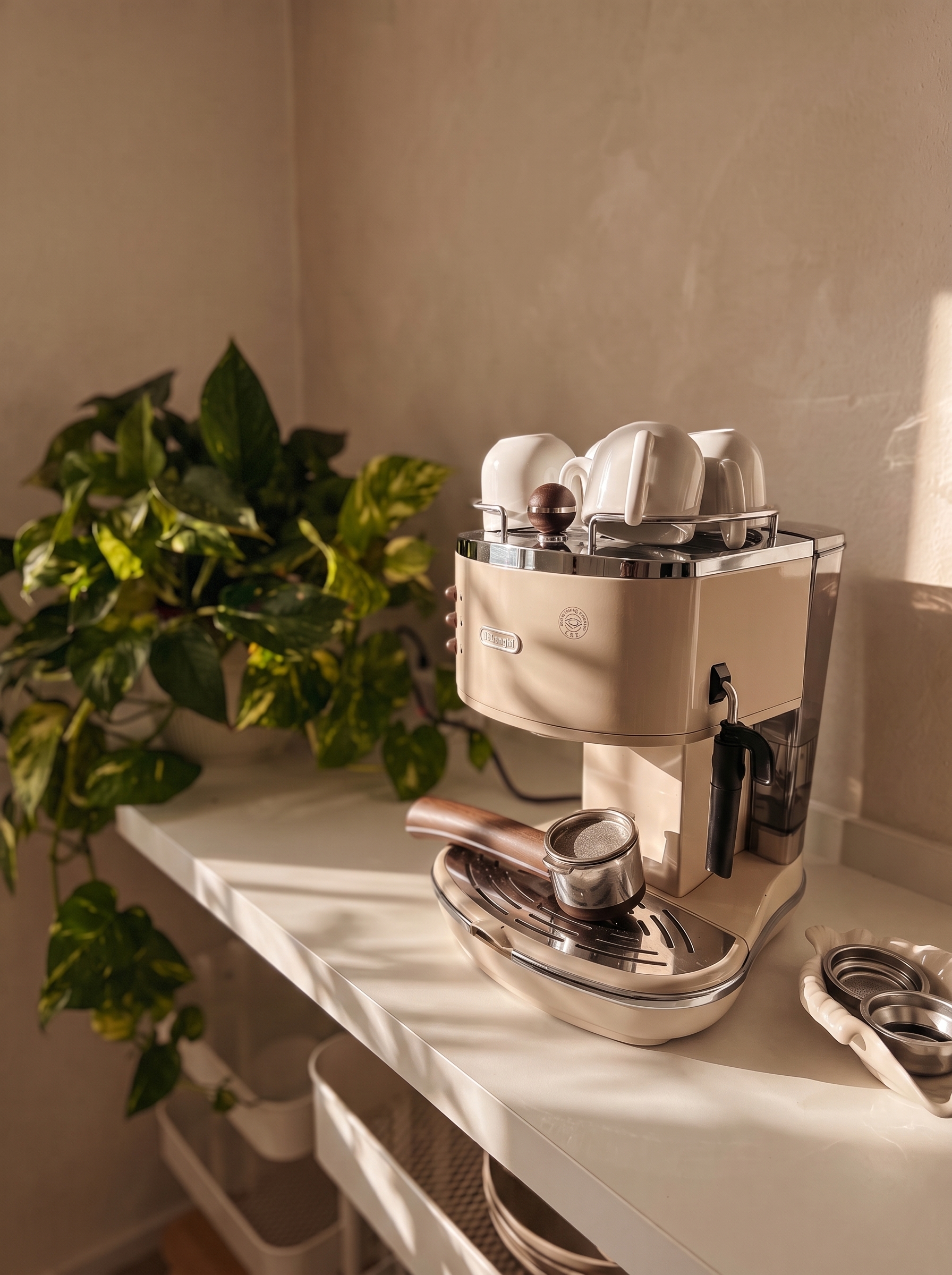 The De'Longhi espresso machine on the kitchen counter at Casa Miúda